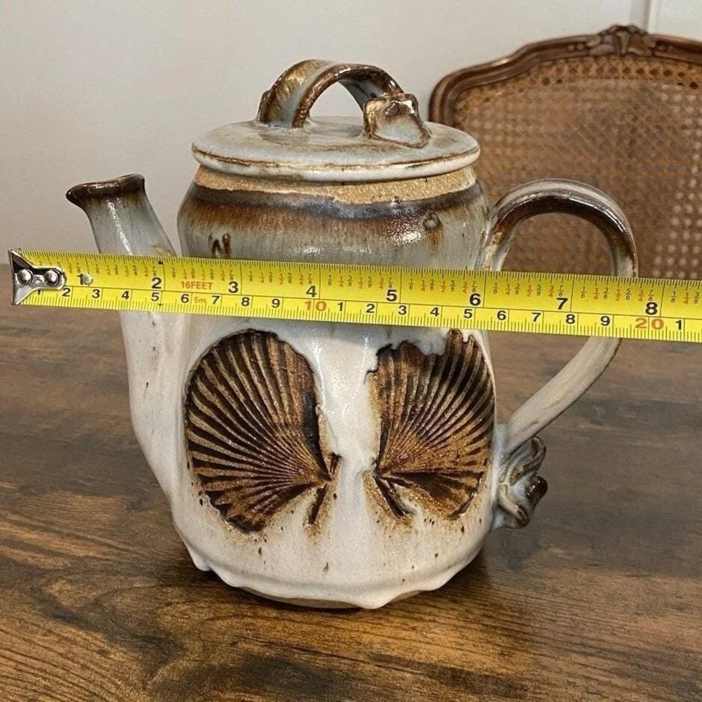 Studio Pottery Seashell Tea Set Teapot 2 Mugs Glazed Hefty Stoneware Coastal Art